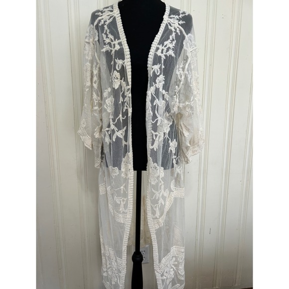 Adiva Sweaters - Adiva Womens Cream Lace Floral Embroidered Long Duster Kimono Cardigan Large